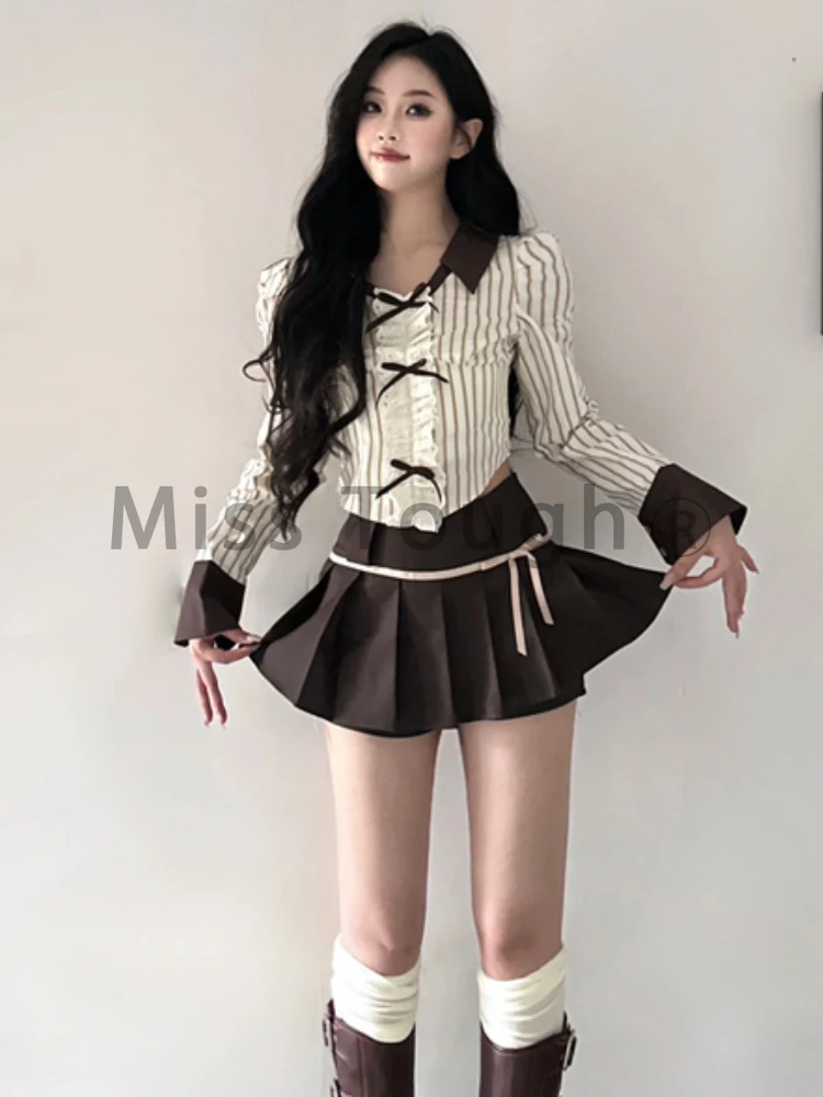 Женский винтажный комплект из 2 предметов элегантная рубашка в полоску с бантом и