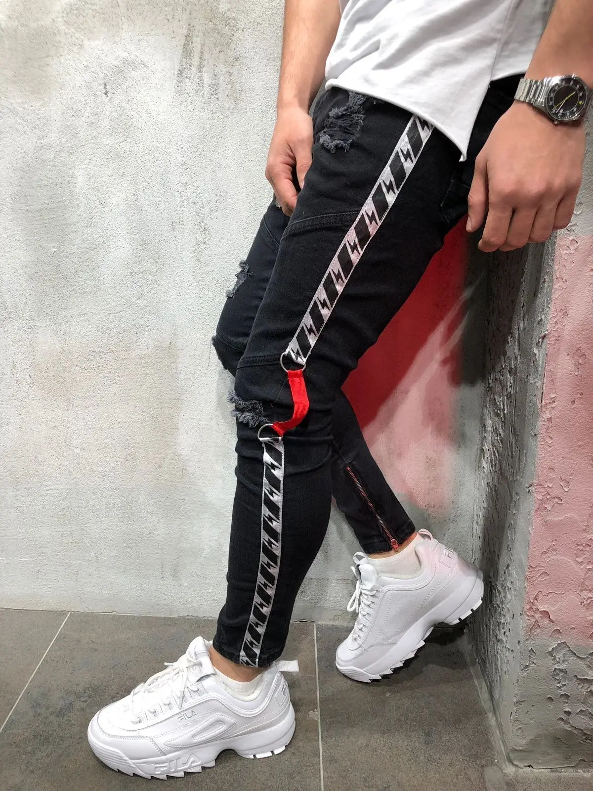 New Mens Jeans Ripped Pull Link Webbing Denim Pant for Men