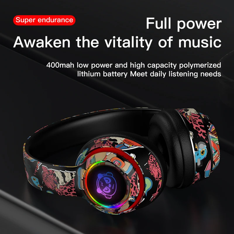 

Newmsnr Glowing Bluetooth Headphones Graffiti Design Wireless Earphones With Mic Noise Reduction Headset Super HiFi Deep Bass