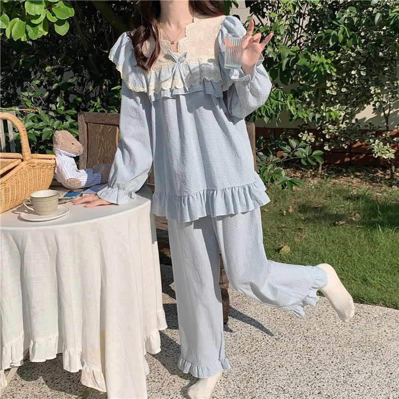 Korean Cotton Spring Autumn Pajamas For Women Sweet Princess Long-Sleeve Lace Loose Home Clothes V Neck Ladie's Sleepwear Set