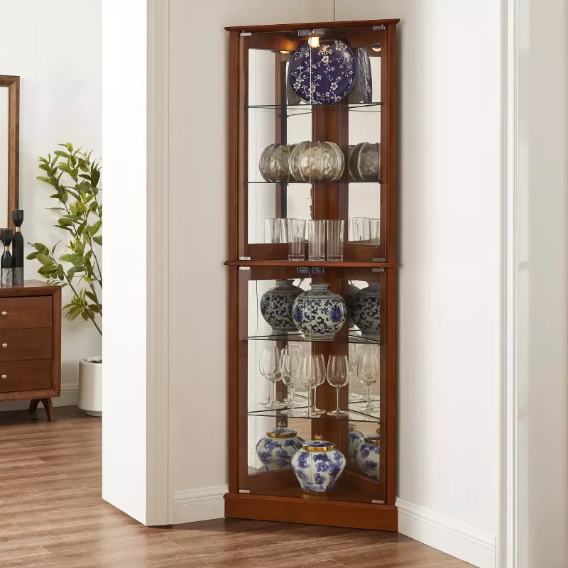 

Curio Cabinet Lighted Curio Diapaly Cabinet with Adjustable Shelves and Mirrored Back Panel, Tempered Glass Doors (Walnut, 6 Tie