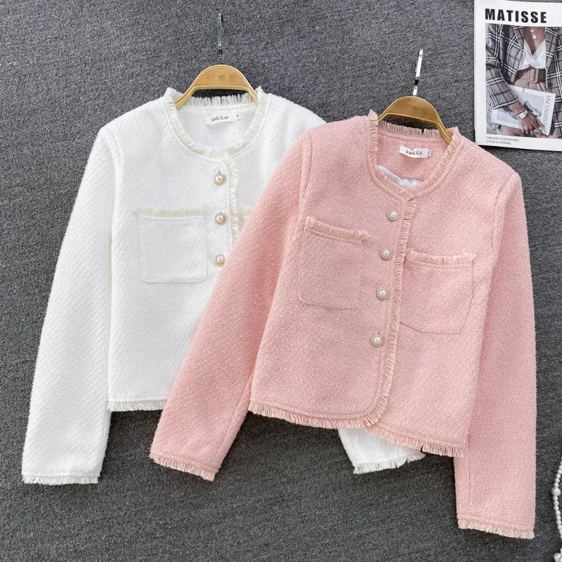 

WDMSNA Temperament Long Sleeve Jackets for Women Round Neck Tweed Loose Coat Women's Spring New Casual Single-breasted Jackets