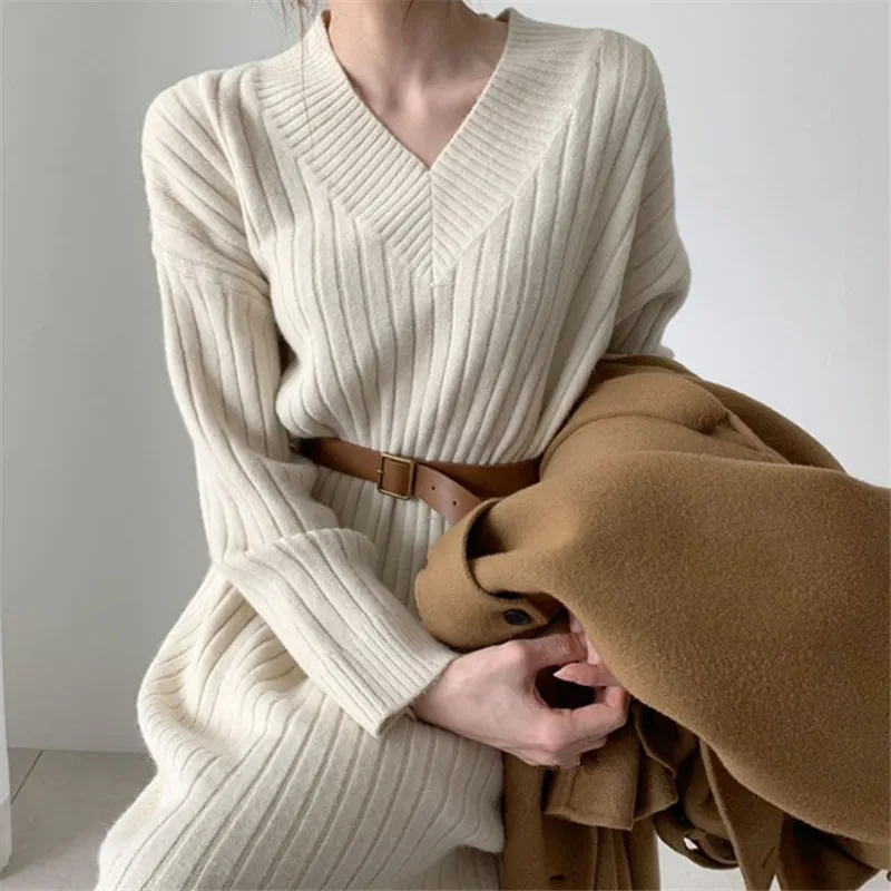 

Женское трикотажное платье-свитер, Длинное свободное трикотажное пальто с подкладкой, Осень-зима 2023