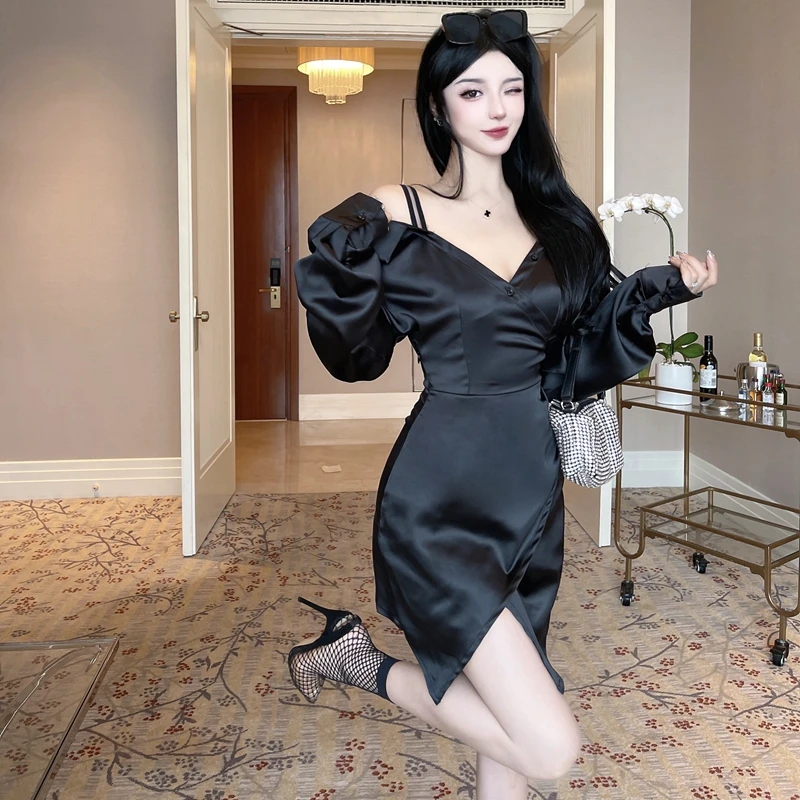 

Satin High-End Off-Shoulder Waist Dress Women Autumn Fashion Temperament Long-Sleeved Shirt Irregular Suspenders A-Line Skirt