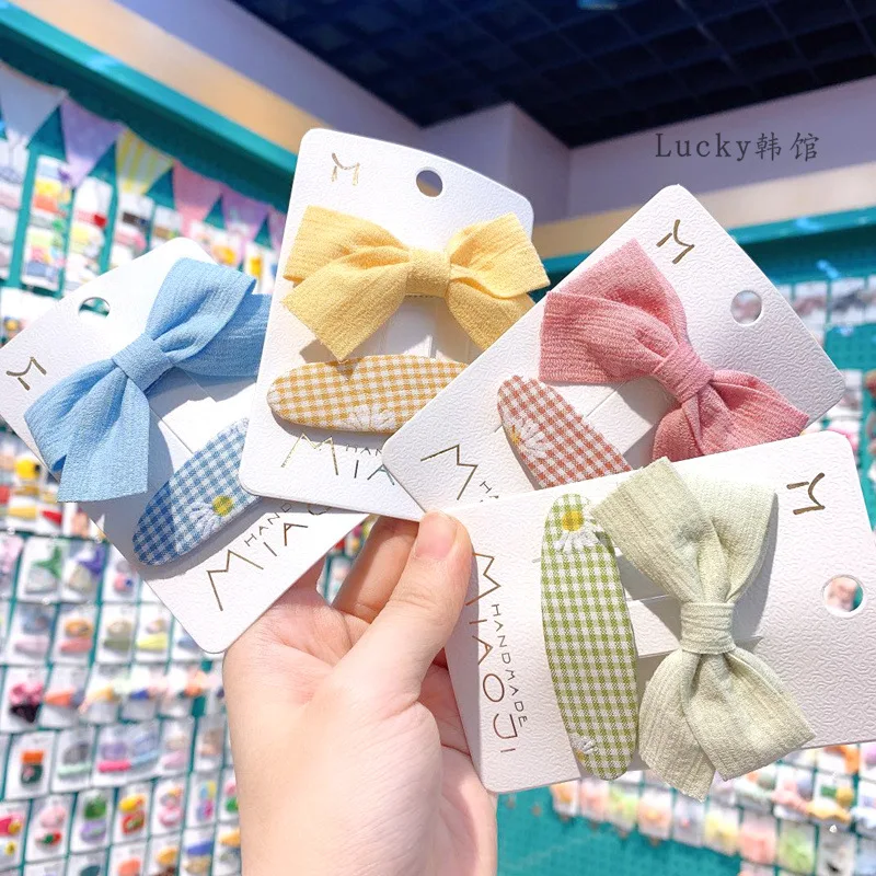 

2PCS/SET Children's hairpin fabric bow clip long oval plaid small daisy bb clip hairpin combination small fresh hair accessories