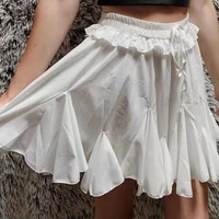 womens korean fashion elastic waist irregular ruffle skirt a line mini skirt causal lace high waist large hem white skirt