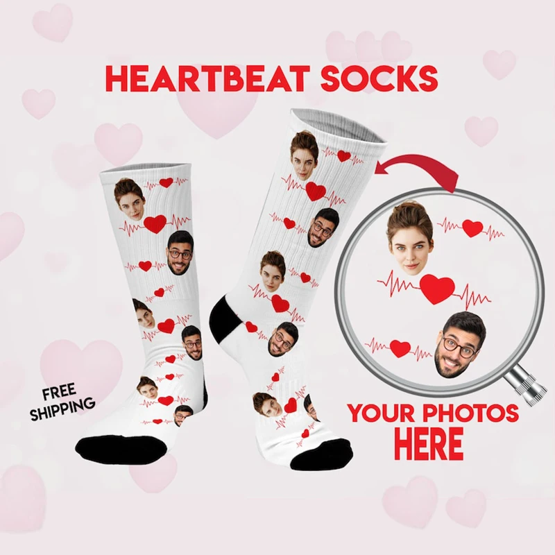 Custom Heartbeat Men Women Socks 3D Printed Fashion Face Custom Cotton Socks Suitable Gifts For Birthday Commemorative Day