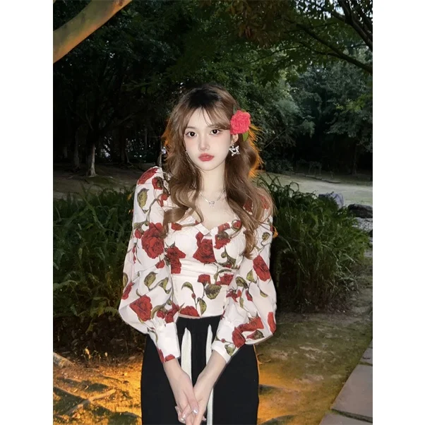 

Vintage French Rose Square Neck Long Sleeve Shirt