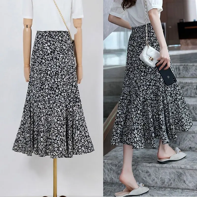 

2023 Summer Flower Printing Chiffon Skirts Women Korean Elastic High Waisted Midi Skirt Woman Casual Loose A Line Skirts Q30