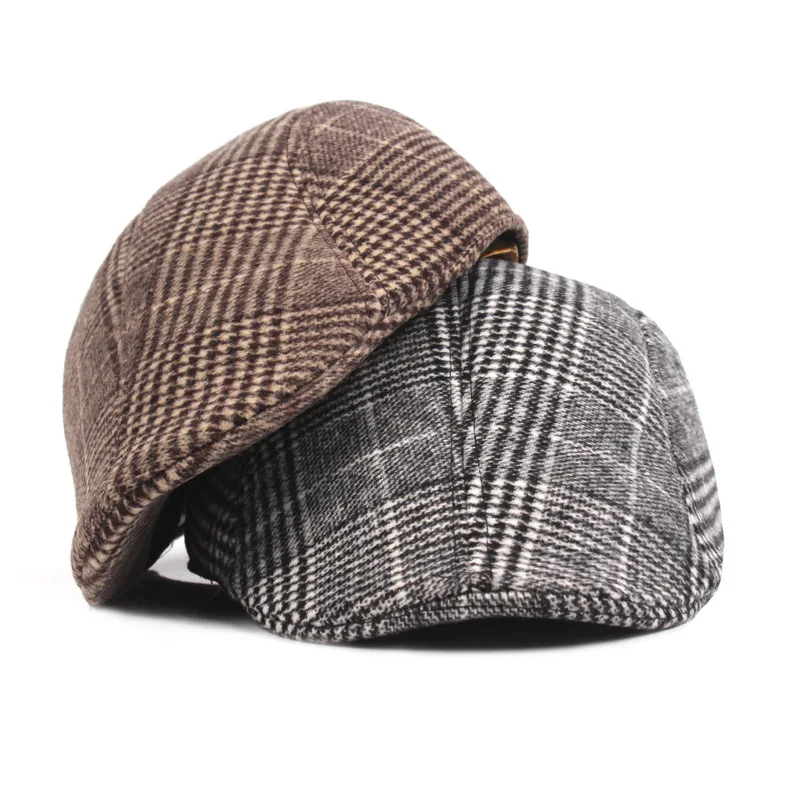 

Men's Cotton Plaid Berets Caps Middle-Aged Autumn Winter Hats Boina Herringbone Newsboy Baker Boy Hat Women Tweed Flat Cap