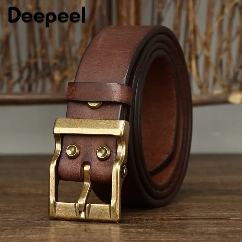 Deepeel 3.8*105-125cm Vintage Cowhide Copper Buckle Belt Men's Genuine Leather Crafts waistband Male  jeans Apparel Accessories