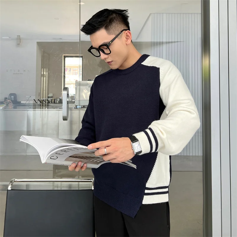 Мужские пуловеры с круглым вырезом вязаные свитера в стиле пэчворк осенняя