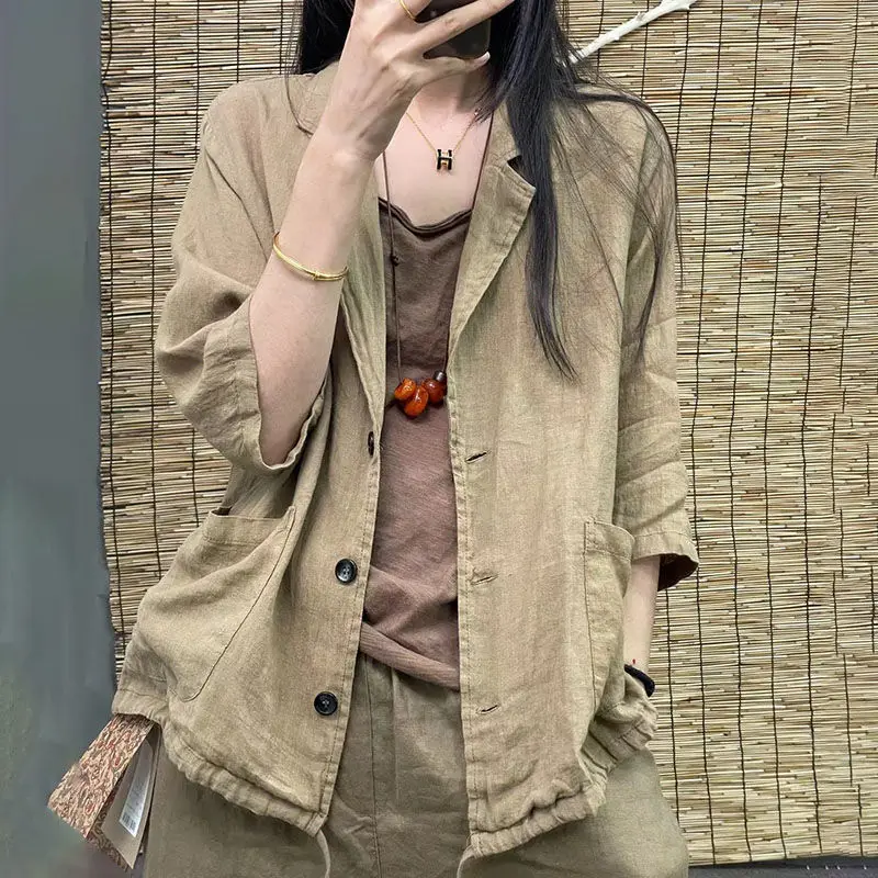 

Spring Fall Suit Jacket Women's Linen Coat Casaul Solid 3/4 Sleeve Suit Collar Solid Color Jackets Top Lady Loose Clothing