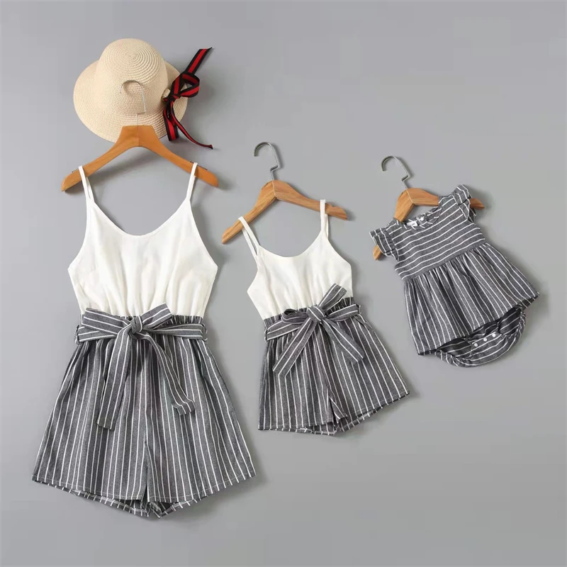 

One-Piece Mother Daughter Matching Dresses Striped Overalls Family Look Tank Mommy and Me Clothes Fashion Woman Girls Jumpsuits