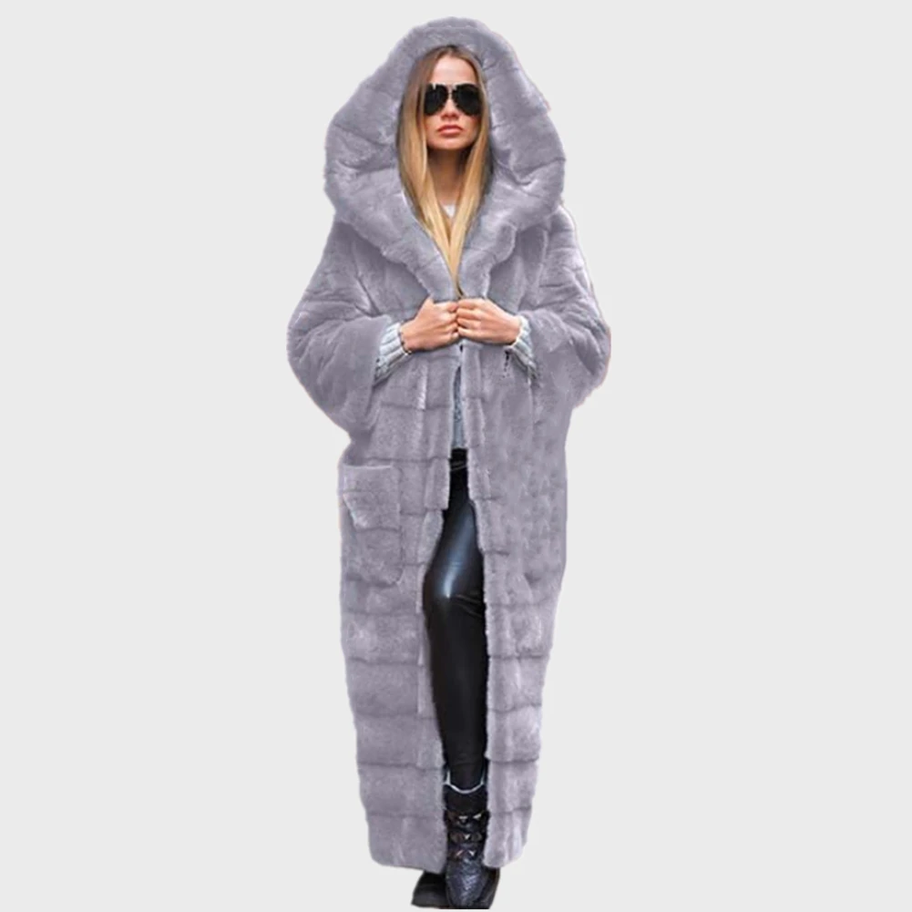 Women 5XL Winter Parka Coat Casual Long Sleeve Faux Fur Coat With Hooded Furry Thick Warm Long Faux Rabbit Fur Jacket Overcoat