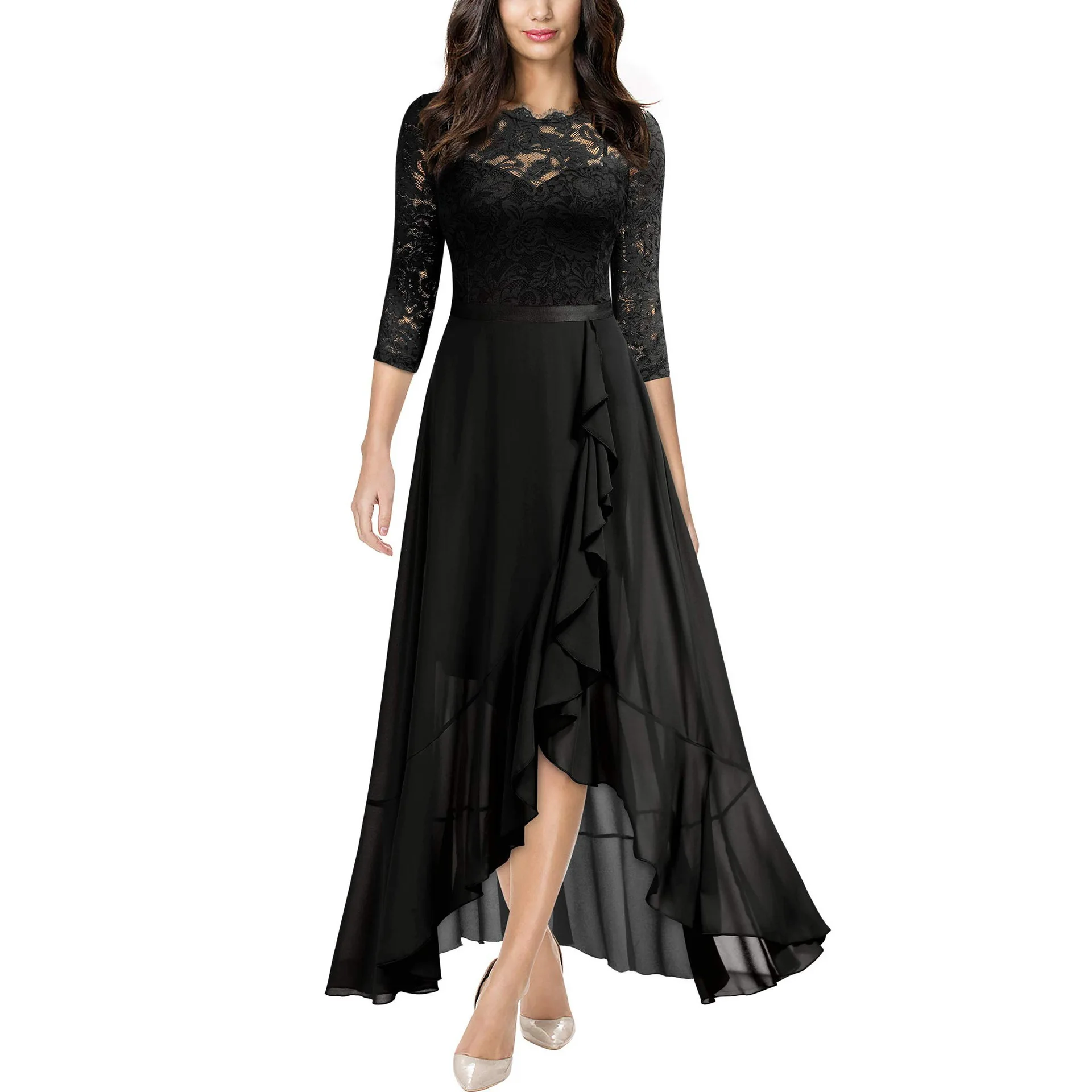 Women's Lace Dresses Stitching Fashion Round Neck Evening Gowns Elegant Temperament Hollow Women's Long Dresses Party Clothing
