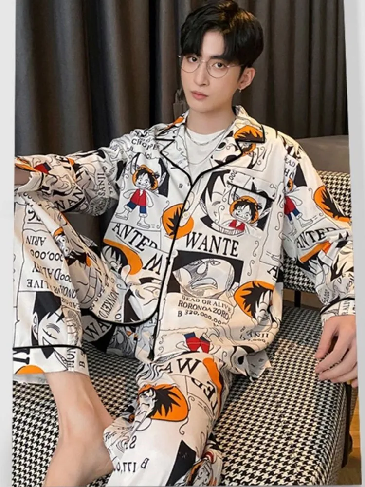 Mens Pajamas Set Ice Like 2 Pieces Sleepwear Long Sleeve Anime Pijama For Young Boys Casual Loungewear Hombre Pyjama pajama set