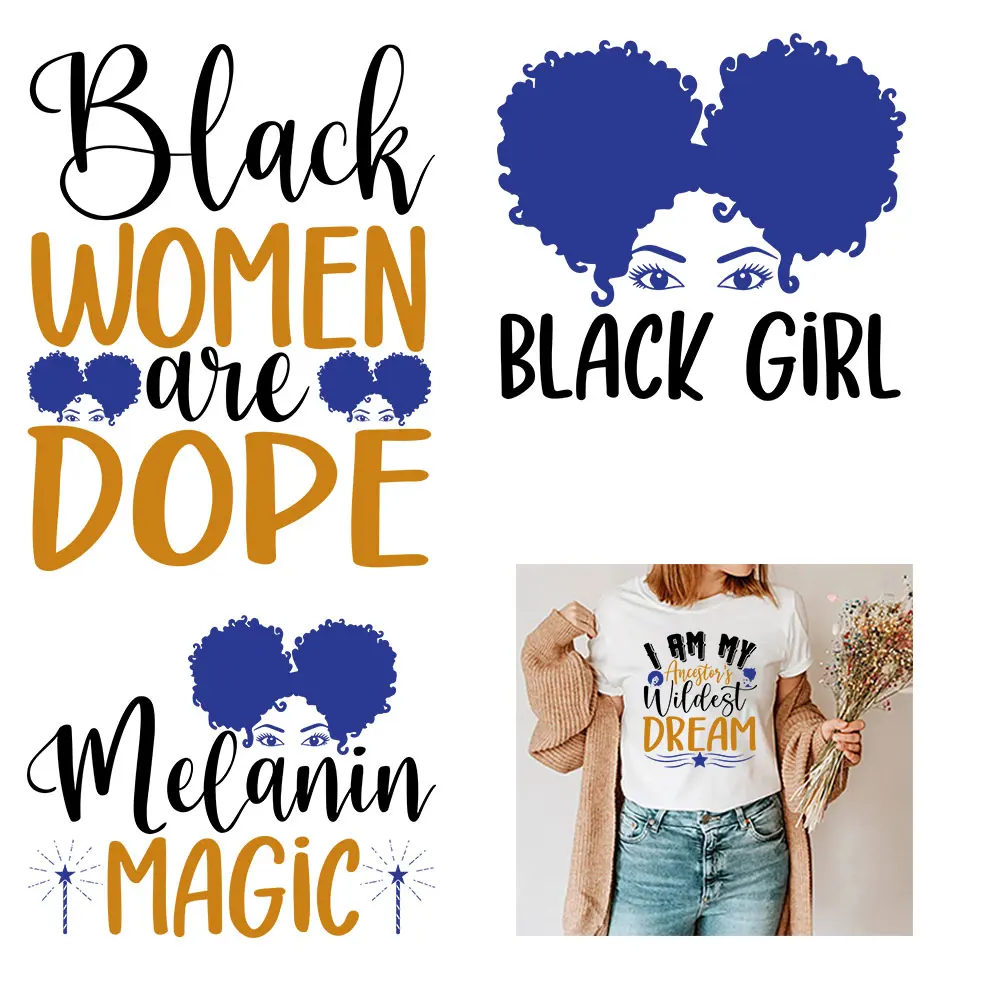

Black Woman Words Iron On Patches For Clothing Heat Transfer For T-shirt Diy Patch Ironing Stickers Parches Thermoadhesivos Ropa