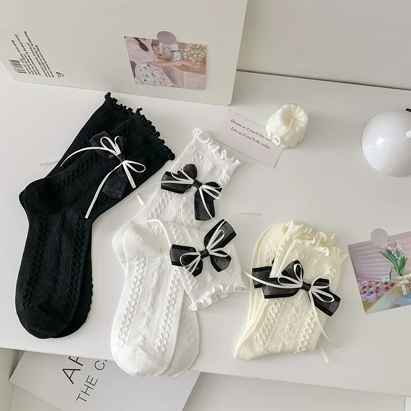 

Sweet JK Lolita Bowknot Socks Girls Female Kawaii Lace Frilly Ruffle Long Tube Sock Solid Color Soft Cotton Harajuku Sock