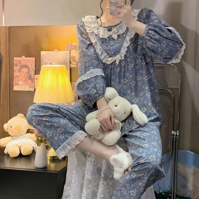 QWEEK Sleepwear Set Woman 2 Pieces Pajamas Vintage Ruffles Bow Pyjamas Nightwear Pijamas Trouser Suits Spring Autumn Home Wear