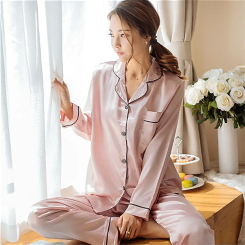 Faux Silk Satin Pajamas 2 Piece Sets  for Women Long Sleeve Sleepwear Pyjamas Suit Female Loungewear Autumn Winter Homewear