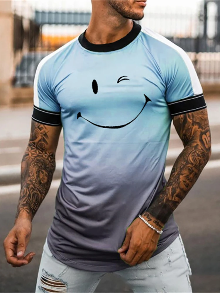 

Casual Short Sleeve Loose T-shirts Men Fashion Pattern Printed Tops 2022 Summer Mens Retro Gradient All-match O-Neck Tee Shirts