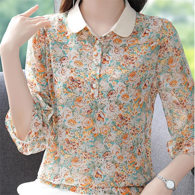 Блузка шифоновая Женская с цветочным принтом и 3/4 рукавом летняя оборками