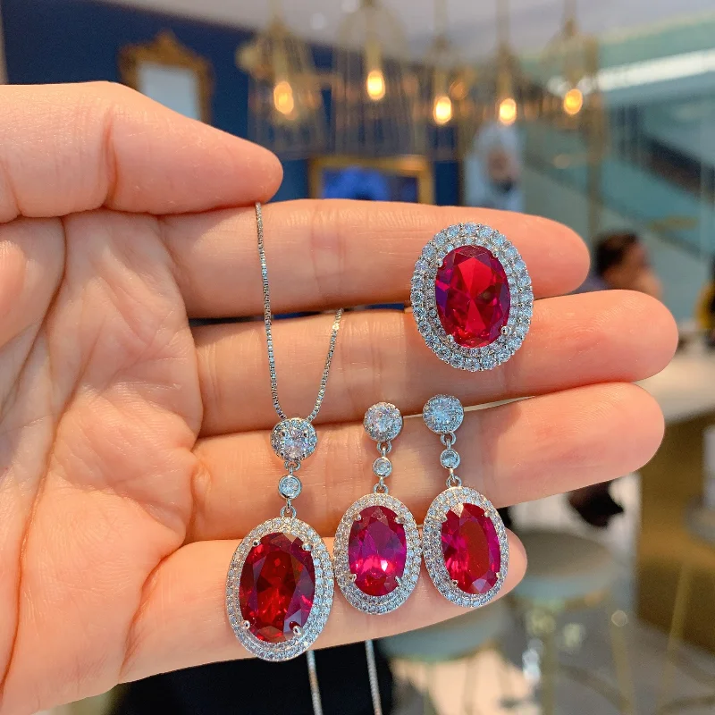 

Handmade Oval Ruby Diamond Jewelry set 925 Sterling Silver Engagement Wedding Rings Earrings Necklace For Women Promise Jewelry