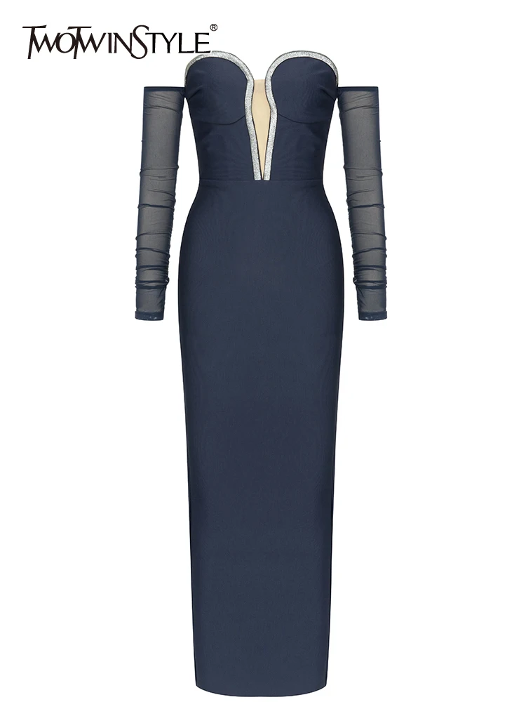 

Женское платье с разрезом TWOTWINSTYLE, однотонное лоскутное платье с длинными рукавами и высокой талией