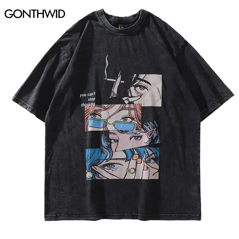 

Distressed Oversize T Shirt Streetwear Japanese Anime Cartoon Print Retro Tshirt 2022 Hip Hop Casual Cotton Loose T-Shirt Black