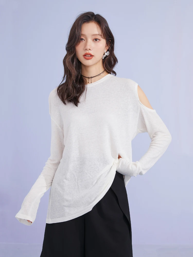 ONE-T 2022 Summer Autumn Casual Loose Sexy Strapless Girls Thin Bottoming Shirts Women Solid White Long Sleeve Knit Shirts Tops