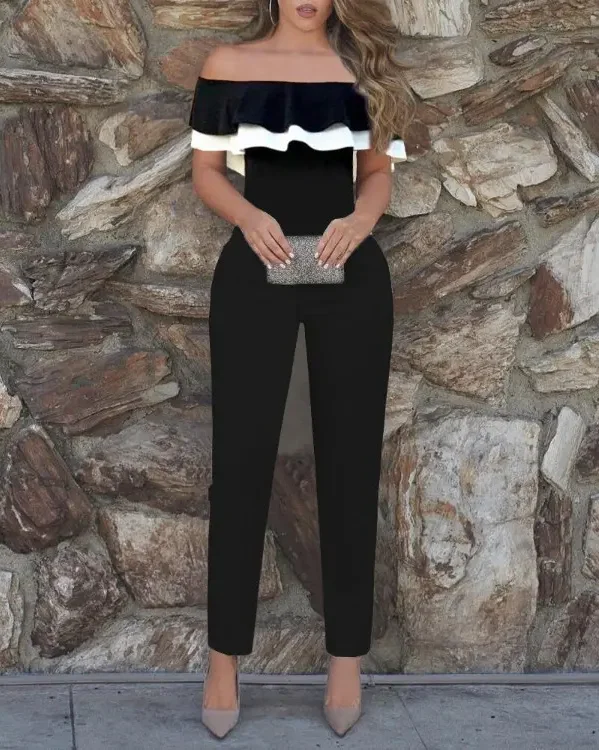 

Elegant Women Jumpsuits 2022 Summer Fashion New Office Lady Contrast Paneled Off Shoulder Ruffles Jumpsuit