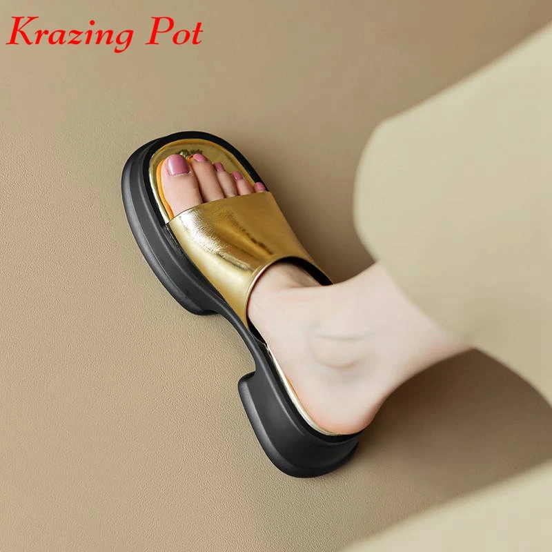 

Krazing Pot Sheep Leather Fashion Mules Slip On Gold Silver Color Peep Toe Summer Thick Bottom Platform Med Heels Sandals Women