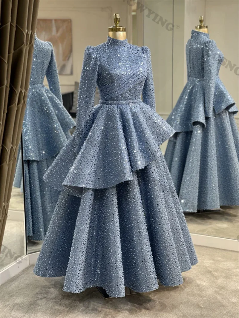 

Luxury Sparkly Sequin Muslim Evening Dresses Long Sleeve High Neck Prom Formal Party Gown Arabic Dubai Robes De Soirée