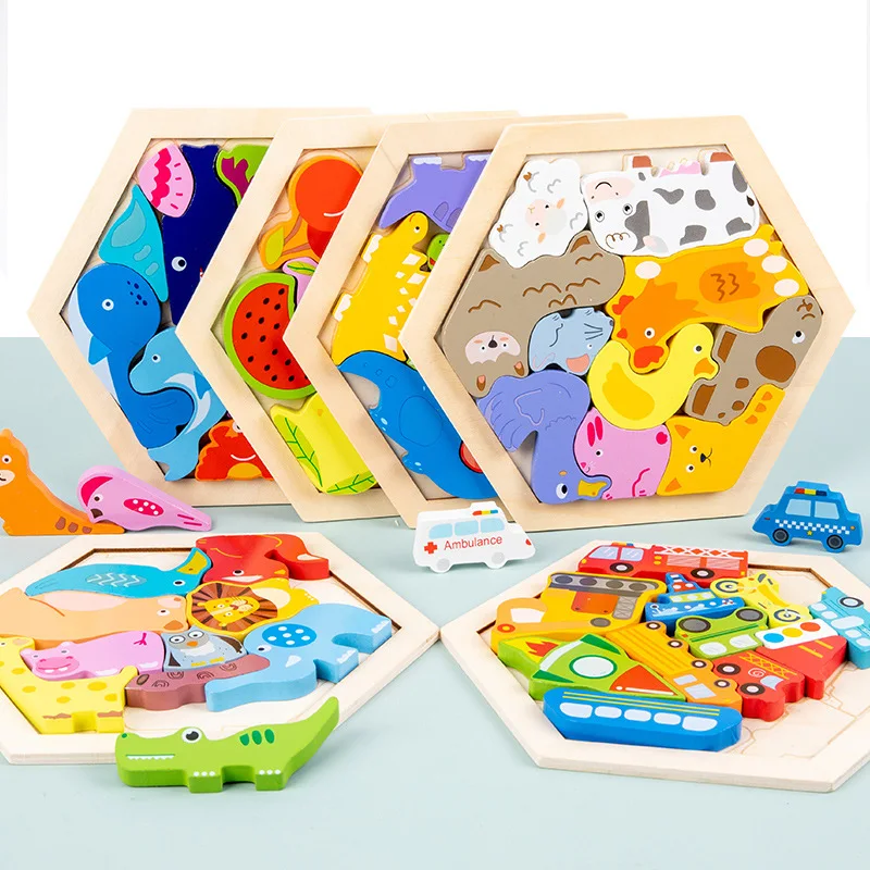 

Children Montessori Wooden 3D Animal Puzzle Toys Dinosaur Fruit Traffic Jigsaw Game Shape Matching Cognition Early Learning Toys