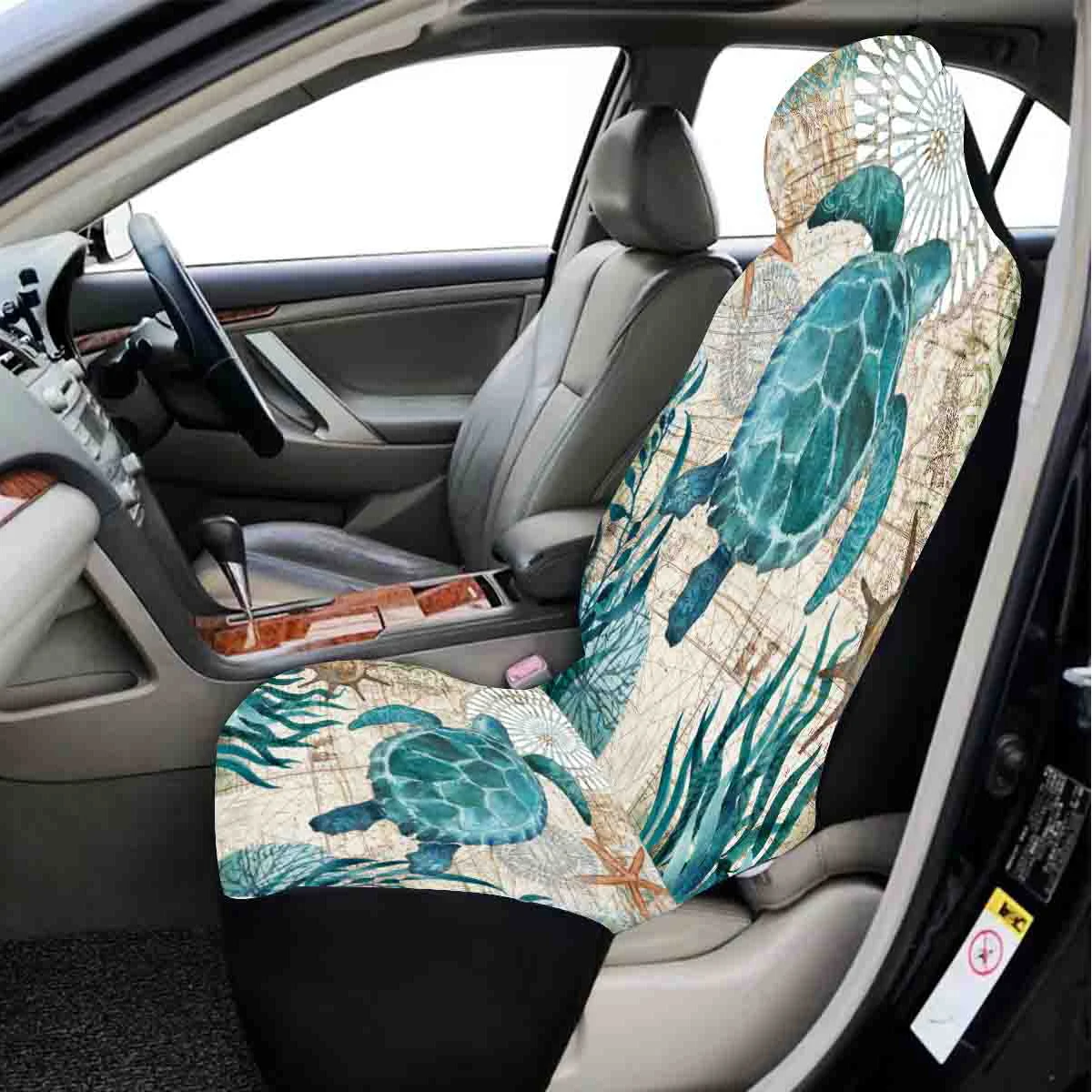 

Retro Little Turtle Print Car Seat Cover Front, Fashionable Underwater World Animal Car Interior Decoration Accessories Easy to