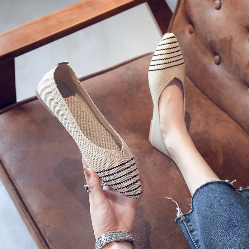 Slip on Mesh Loafers Breathable Stretch Ballet Shallow Flats Women Soft Bottom Pointed Toe Boat Shoes 35-40 Size 2022 New