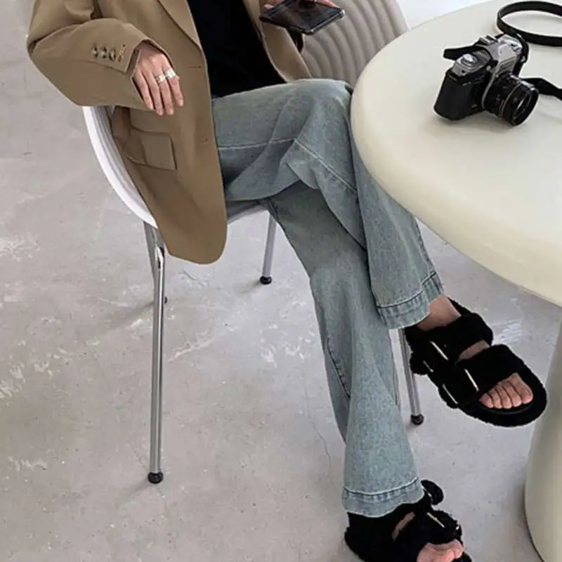 

Женские джинсы с высокой талией, повседневные светло-голубые брюки из денима с широкими штанинами, уличные длинные прямые джинсы в стиле Ха...