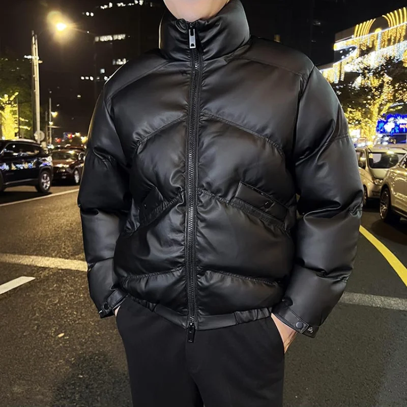 Winter Thicken Warm Leather Jackets Men Stand Collar Zipper PU Motorcycle Jacket Casual Loose Puffer Parkas Social Streetwear