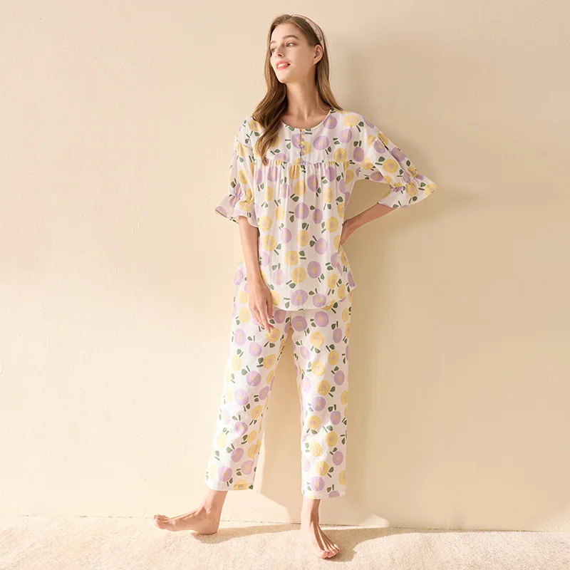 2022 New Summer 60S Combed 100% Cotton Pajamas Sets Women Homewear High Quality Short Sleeve Night Sleep Pants