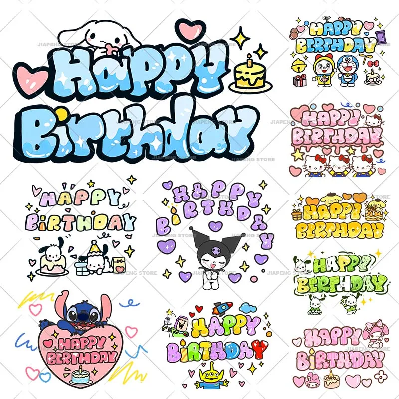

Sanrio Happy Birthday Iron on Patches Heat Transfers For Kids Clothes My Melody Hello Kitty Printed Thermal Stickers on T-shirt