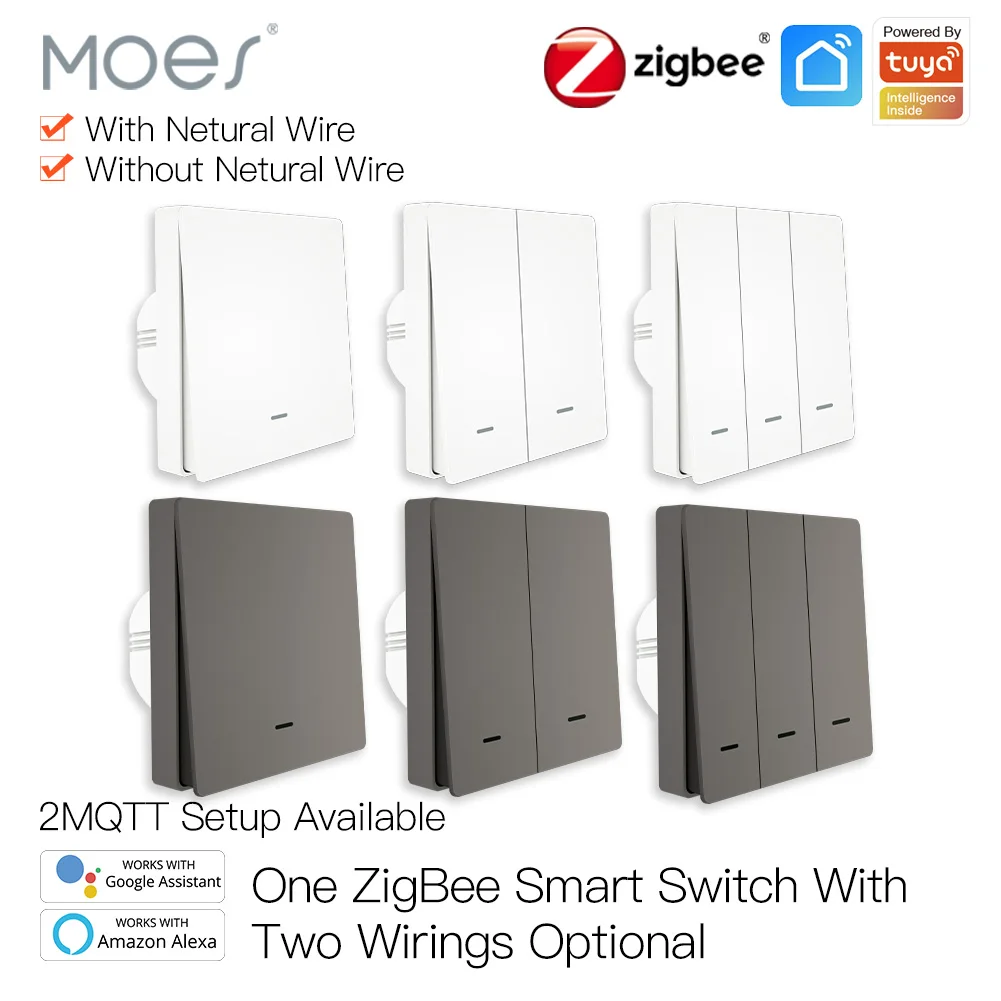 MOES Tuya ZigBee Smart Light Switch No Neutral Wire No Capacitor Needed Smart Life 2/3 Way Works with Alexa Google Home 2mqtt