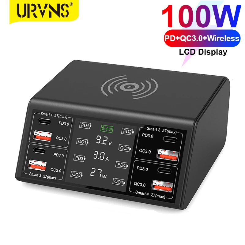 USB-зарядное устройство URVNS, 100 Вт, 8 портов, USB + QC3.0