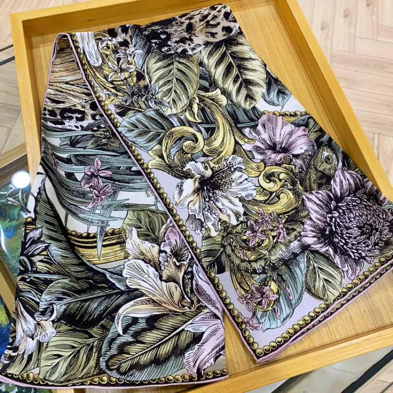 Фото Роскошный шелковый шарф 100% тутового шелкопряда модная шаль с леопардовым принтом 90*90 см саржевый Палантин женский шарф бандана Шея №4