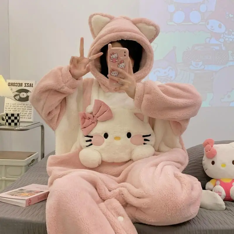 Kawaii Hello Kitty милые сиамские пижамы женские коралловые бархатные осенне-зимние Sanrioed