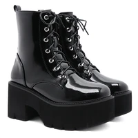 2022 womens patent leather ankle boots fashion biker boots new winter wedges female lace up platforms women black botas mujer