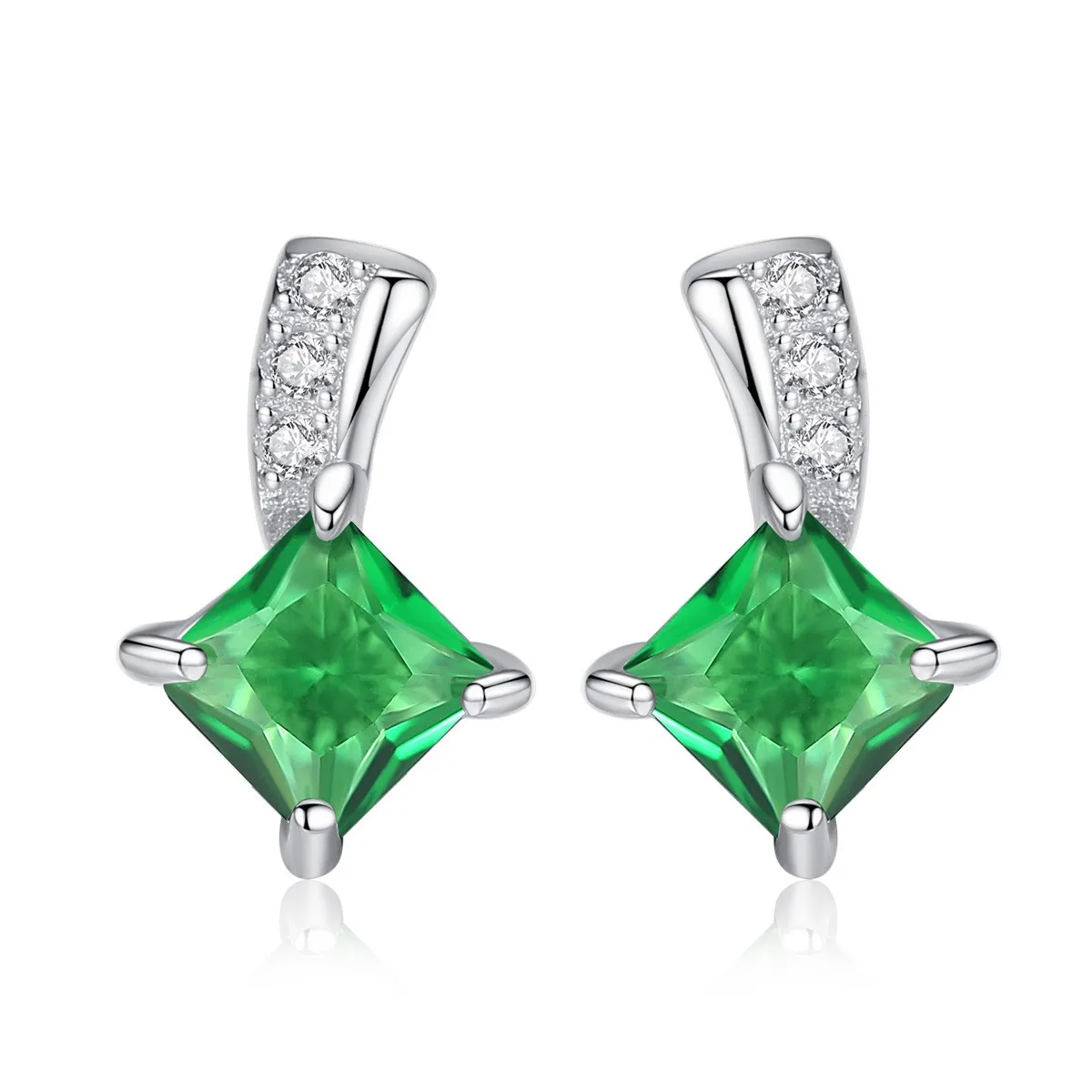 

Brand Cute Green Square Cubic Zirconia Crystal Silver Earrings Lady Small Stud Emerald Earrings for Women Fine Jewelry
