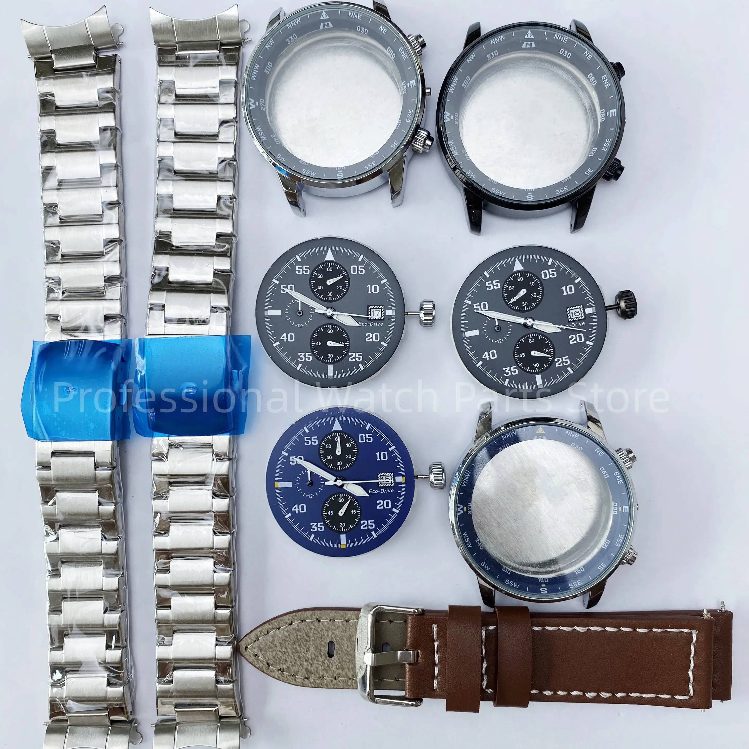 44mm Watch Accessories Set Case+Dial+Hands+Crown+Stainless Steel Strap with Complimentary Quartz Movement Set Calendar Window