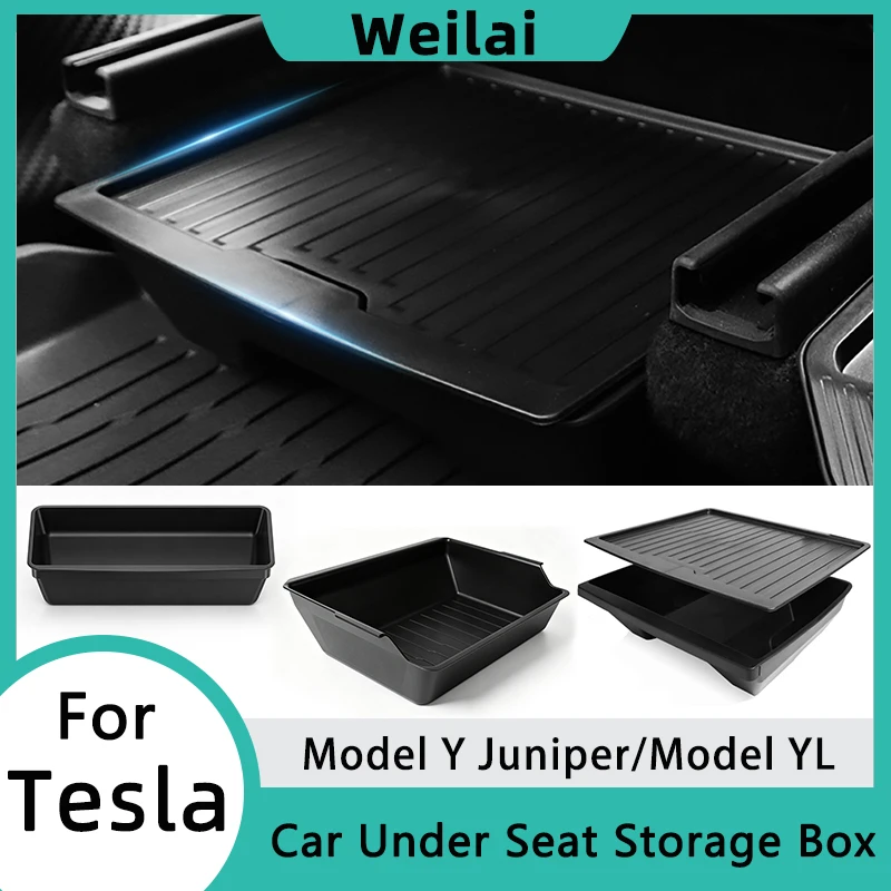 Фото Органайзер-ящик для хранения под сиденьем для Tesla Model Y Juniper Model YL 2026, скрытый лоток-органайзер, крышка для отсеков под сиденьем, аксессуары для интерьера №2