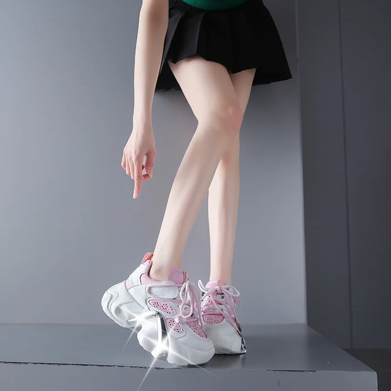 2023new Spring/Summer Shiny Sequins Thick Sole Women's Breathable Lace up Elevated Shoes Women's Fashion Cute Pink Sneakers